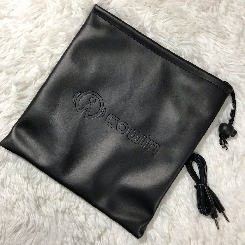 NWOT Cowin Headphones Faux Leather Drawsting Travel Pouch & AUX Audio Cable Set